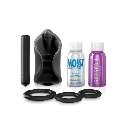 PDX Elite Vibrating Silicone Stimulator kit with black sleeve, lotion, cleaner, and three rings.