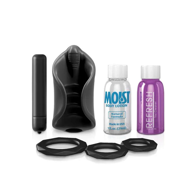 PDX Elite Vibrating Silicone Stimulator kit with black sleeve, lotion, cleaner, and three rings.