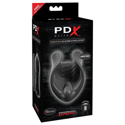 Packaging of PDX Elite Vibrating Silicone Stimulator with ribbed texture for targeted shaft stimulation.