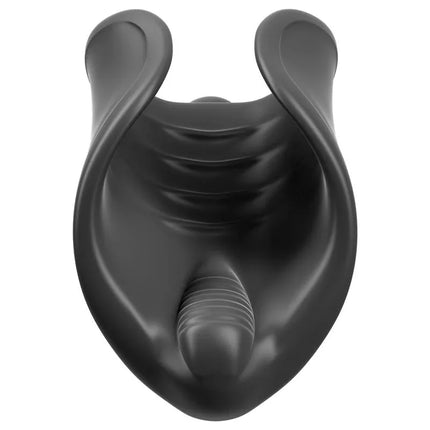 PDX Elite Vibrating Silicone Stimulator with ribbed texture in black silicone, designed for targeted shaft stimulation and pleasure.