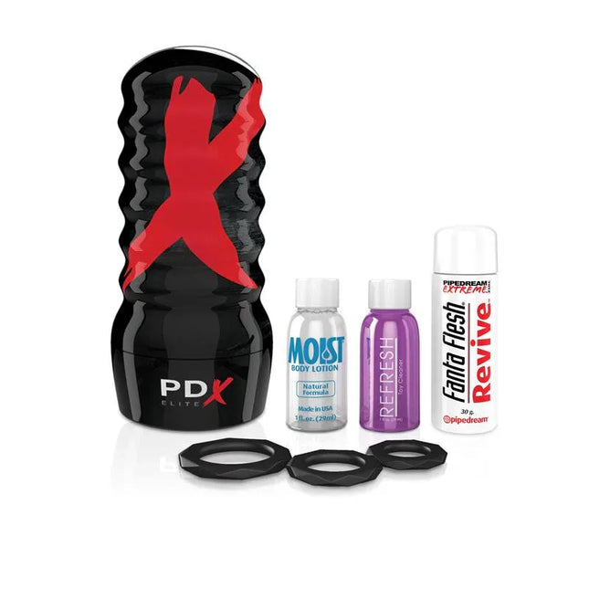 PDX Elite Air-Tight Pussy Stroker with accessories including lotion and cleaner for enhanced experience.