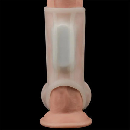Penis and Testicles Sleeve with Vibration Ridge Knights enhances pleasure and stimulation, soft elastic design shown on model.