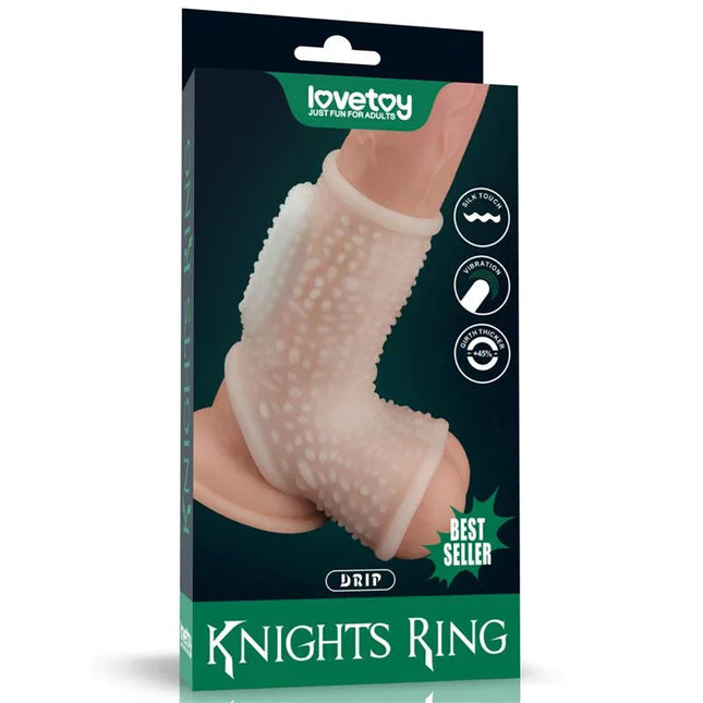 Penis and testicles sleeve with vibration Drip Knights in packaging, displaying features and soft texture.