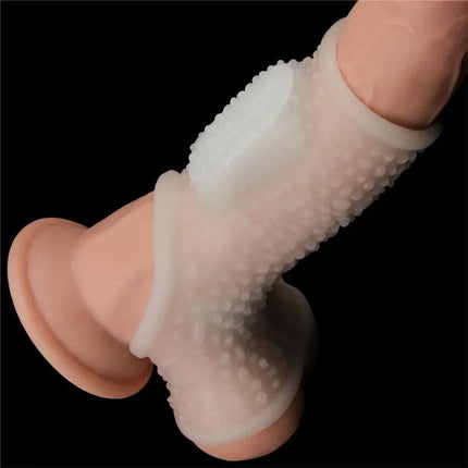 Penis and testicles sleeve with vibration Drip Knights, featuring ultra-elastic material for enhanced stimulation and comfort.