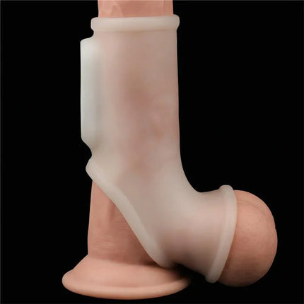 Penis and Testicles Sleeve with Vibration Silk Knights in body-safe TPE material for enhanced pleasure.