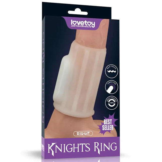 Packaging of Vibrating Penis Sleeve Ridge Knights showing best seller tag and features.