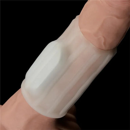 Vibrating Penis Sleeve Ridge Knights on finger showing elasticity and texture