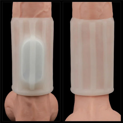 Vibrating Penis Sleeve Ridge Knights shown with elastic fit and vibration feature for extended pleasure. Body-safe, latex-free material.