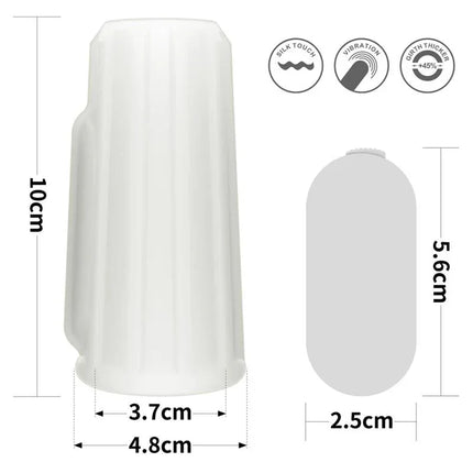 Vibrating Penis Sleeve Ridge Knights dimensions and features diagram with body-safe TPE material, vibration function, and measurements.