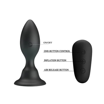 Vibrating Butt Plug with remote control featuring on/off, inflation, and air release buttons for customizable stimulation.