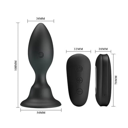 Vibrating Butt Plug with remote control, featuring dimensions and 12 vibration functions for enhanced pleasure and comfort.