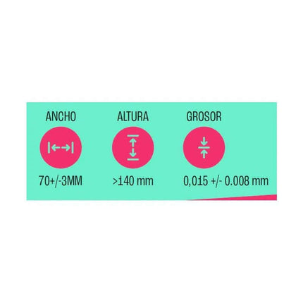 Specifications of Air Female Condoms without Latex 3 pcs showing width, height, and thickness measurements.