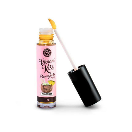 Lip Gloss Vibrant Kiss Piña Colada Flavor with open applicator, offering unique vibrating sensations and tropical taste.