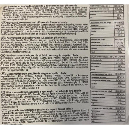 Nutritional information and ingredients of piña colada flavored candies on packaging.