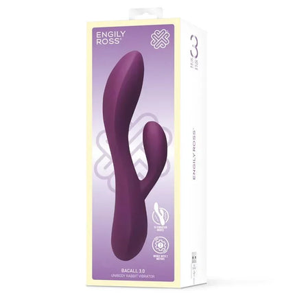 Bacall 3.0 Vibe Injected Liquified Silicone Double Motor USB box showcasing premium pleasure device by Engily Ross.