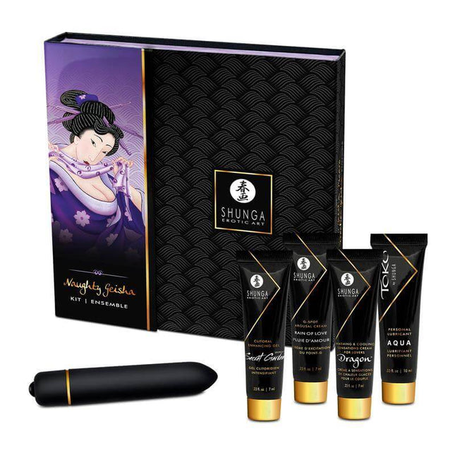 Geisha Secrets Kit Coquine: Romantic travel-ready shunga-inspired kit with luxurious Japanese erotic art products for sensual pleasure.