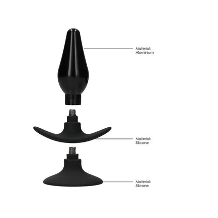 Butt Plug Set Pointed Large Suction Cup Black showing aluminum and silicone material with ergonomic design