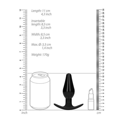 Butt Plug Set Pointed Large Suction Cup Black with size comparison and measurements in centimeters and inches