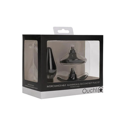 Butt Plug Set Pointed Large Suction Cup Black with aluminum and silicone for comfort and control in anal play