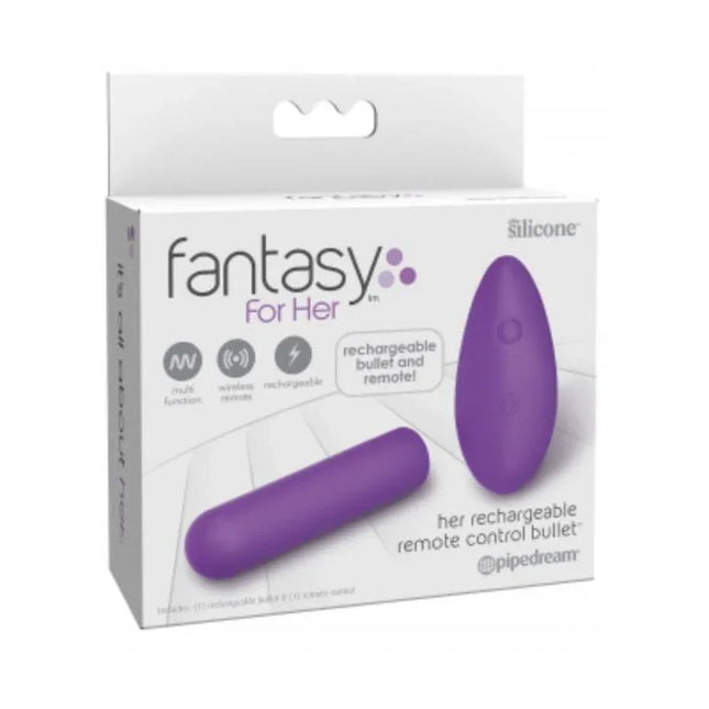 Packaging of a Vibrating Bullet Remote Control Rechargable USB in purple with 10 vibration functions, USB rechargeable with included remote.