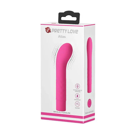 Packaging of Vibe Atlas Silicone Pink G-Spot Vibrator, designed for precision stimulation, features 10 customizable vibrations.