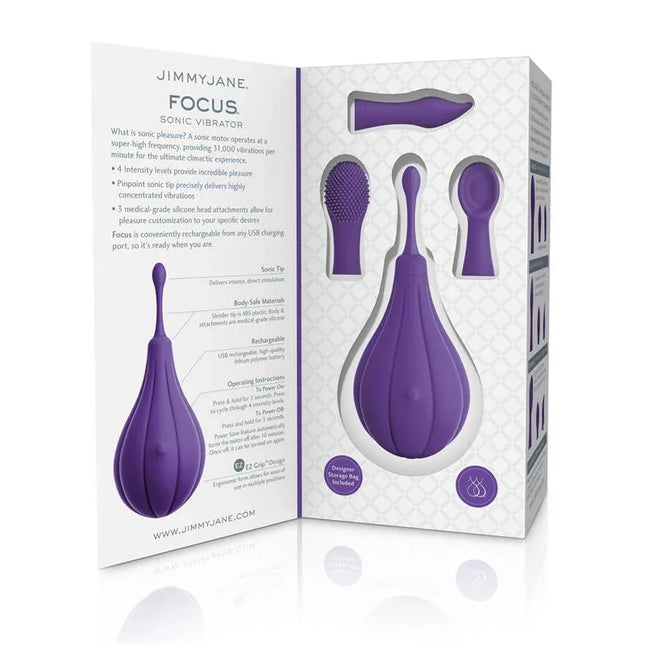 Stimulator Focus Sonic with multiple silicone attachments and powerful pulsation motor, offering 31,000 vibrations per minute for pleasure.