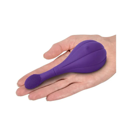 Stimulator Focus Sonic purple vibrator with interchangeable silicone accessories in hand