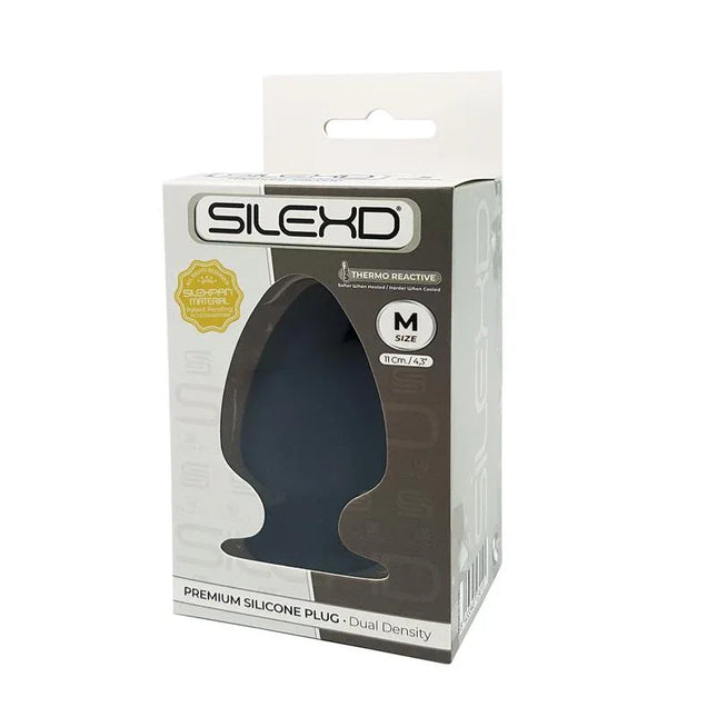 Packaging of Plug Dual Density Mod. 1 Size M, featuring a premium silicone anal plug with thermo-reactive technology.