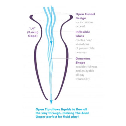 Diagram of the Butt Plug Mega Anal Gaper Clear showing dimensions and features like open tunnel design, inflexible glass, and generous shape.