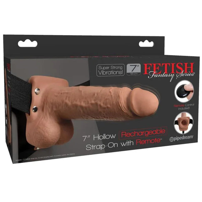 Packaging of Elastic Strap-On with 7 Hollow Dildo 10 Functions Remote Control USB featuring a realistic design.