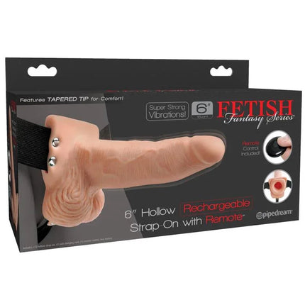 Elastic Strap-On with Dildo and Vibration packaging box showcasing features for comfort and pleasure, 6-inch hollow design.