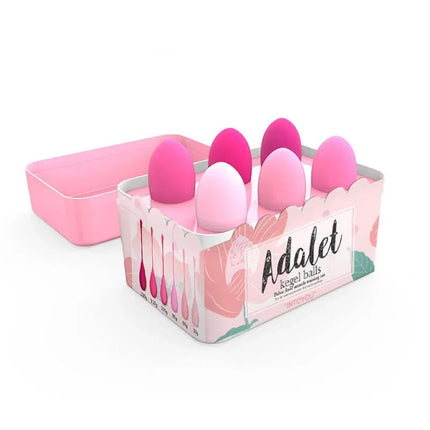 Adalet Kit 6 Kegel Balls Silicone in pink packaging with six color-coded weights for pelvic floor training.