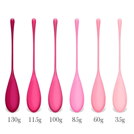 Adalet Kit 6 Kegel Balls Silicone set in different colors and weights: 35g, 60g, 85g, 100g, 115g, 130g, medical-grade material.