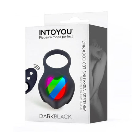 Darkblack Vibrating Ring with LED Remote Control USB Silicone packaging showcasing the vibrating ring and remote control.