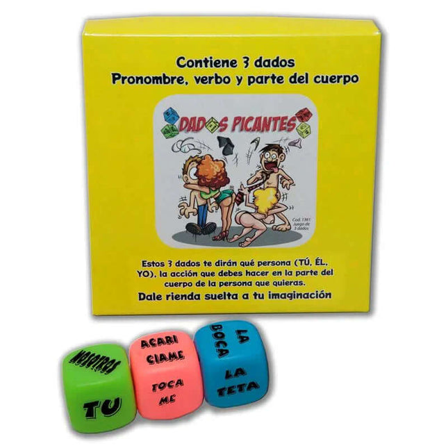 Set 3 Fluorescent Dice with humorous illustrations and text in Spanish on packaging, ideal for entertaining parties and game nights.
