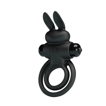 Black Vibrating Ring Vibrant Penis Ring III with bunny-shaped clitoral stimulator on a white background.