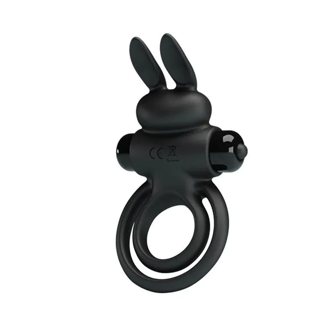 Black Vibrating Ring Vibrant Penis Ring III with bunny-shaped clitoral stimulator on a white background.