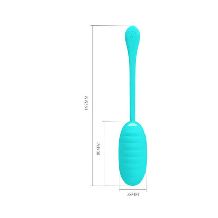 Vibrating Egg Kirk Silicone USB in turquoise with long handle and measurements displayed