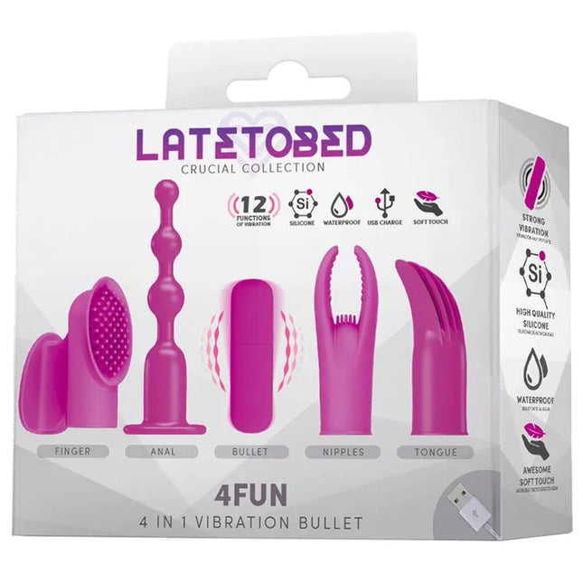Packaging of 4Fun Vibrating Bullet and 4 Sleeves USB Waterproof Silicone with interchangeable sleeves and USB charger.
