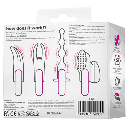 Back packaging of 4Fun Vibrating Bullet and 4 Sleeves USB Waterproof Silicone showing sleeve options and features.