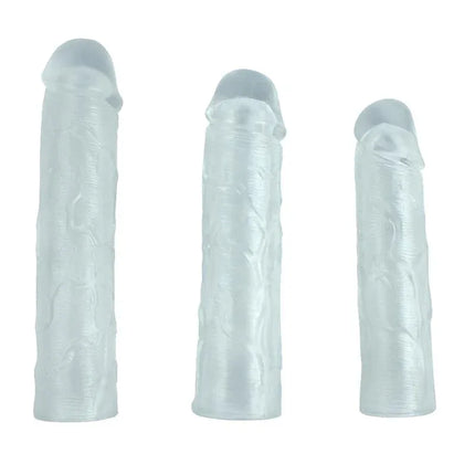 Pack 3 Penis Sleeve Alex Clear set featuring three transparent TPE sleeves for added thickness and length enhancement.
