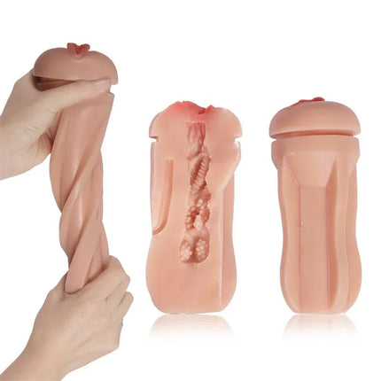 Vibrating Masturbator USB Tiny Man in hand showing flexibility and textured interior for lifelike stimulation.