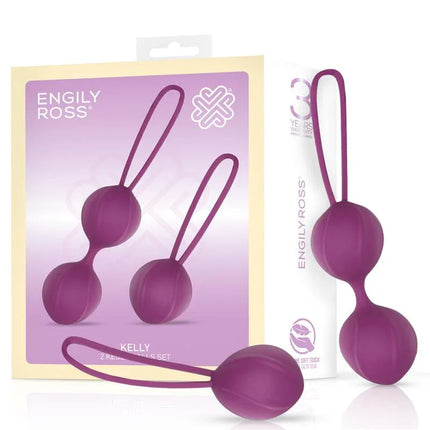 Kelly Kegel Balls Silicone Purple by Engily Ross in packaging and unboxed, showing design and packaging details.