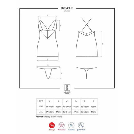 Size chart and design outline for 828-CHE-1 Chemise and Thong Black by Obsessive, showing detailed measurements for a perfect fit.