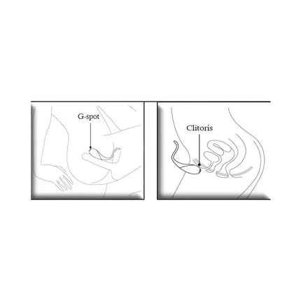 Diagram showing G-spot and clitoris locations for Couple Stimulator CoCo Fuchsia use.