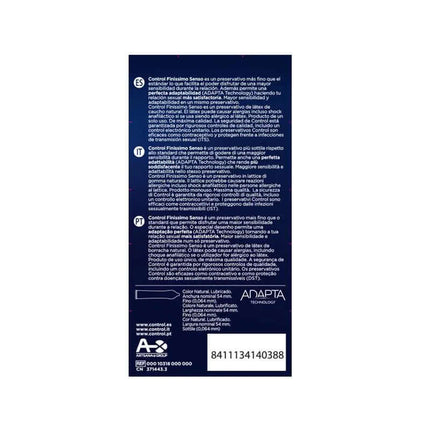 Back of Finissimo Senso 12 Uds condom packaging displaying product details and barcode.