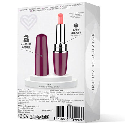 Packaging of Viblips Lipstick Stimulator Purple by Fun Vibes, discreet design on display with easy on/off feature.