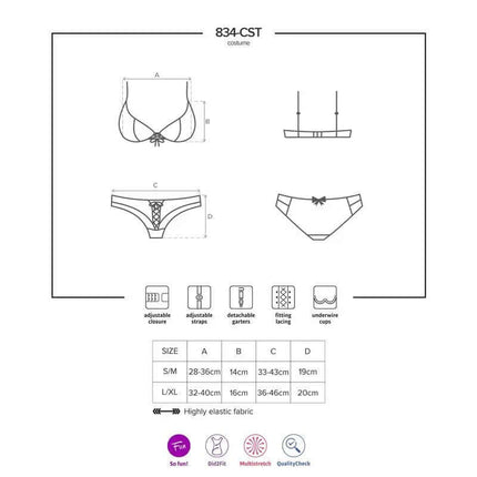 834-CST-6 Nurse Costume 3 Pieces size chart with dimensions and fabric features.