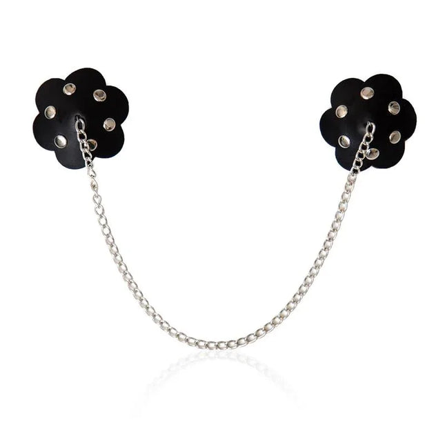 Self-adhesive Nipple Cover Flower Shaped with leather-like texture and chain, part of Latetobed Bdsm line for bold styling.