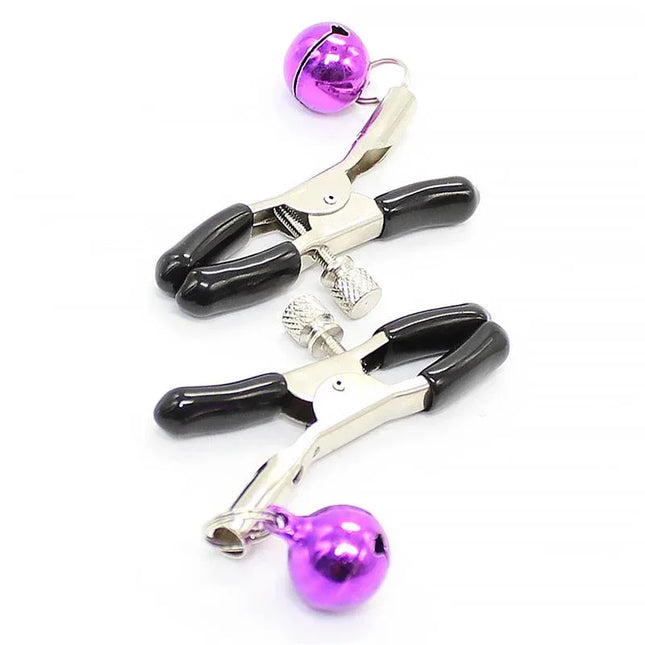 Nipple Clamps with Purple Bell featuring adjustable pressure design and vibrant purple bell for aesthetic appeal.